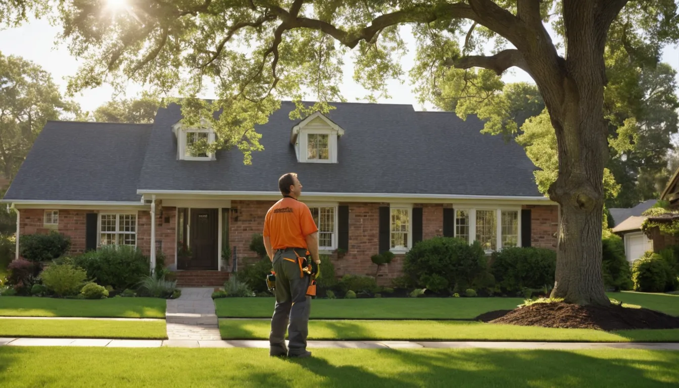 A homeowner and a tree provider looking up at a tall tree beside a house in Seagoville